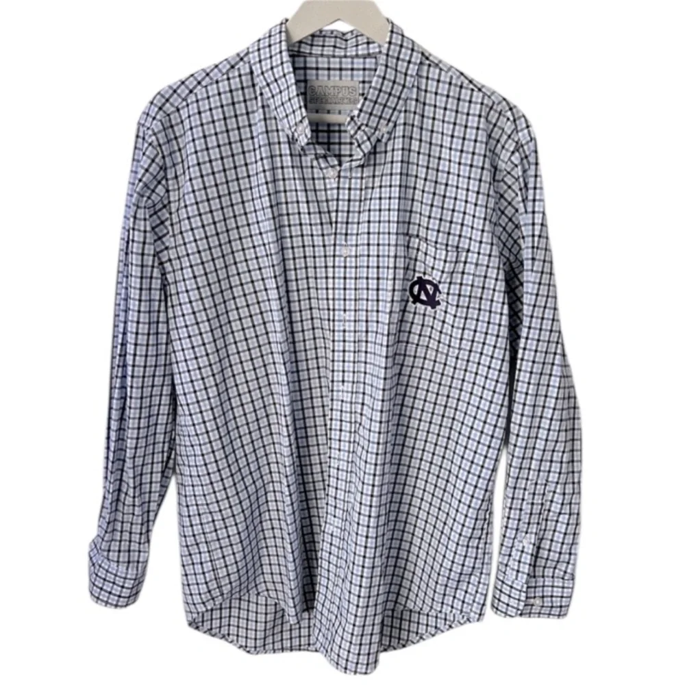 Campus Specialties UNC Tar Heel Men Blue Checkered Shirt Embroidered logo Sz M